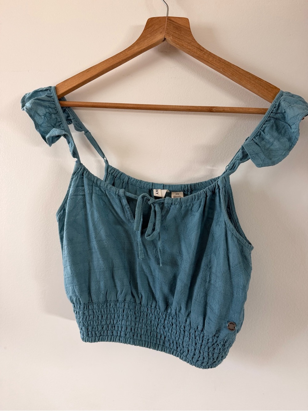 Roxy Teal Blue Smocked Hem Tie-Shoulder Crop Top